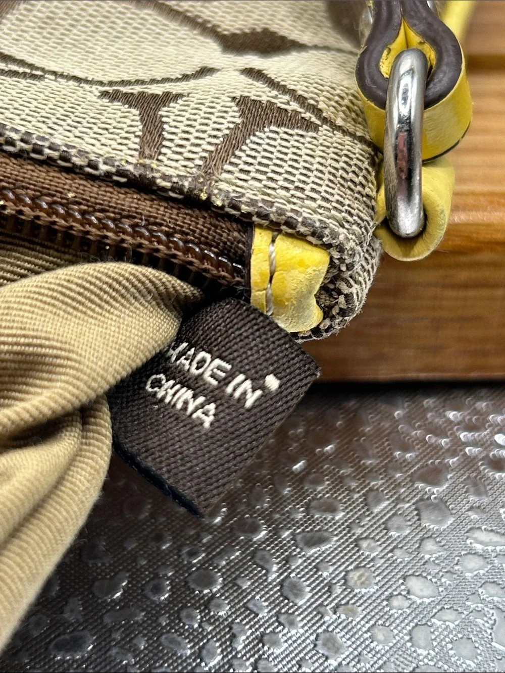 COACH 40028 Legacy Stripe Yellow Brown Monogram Zip Leather Wristlet Tag 6” X 4”